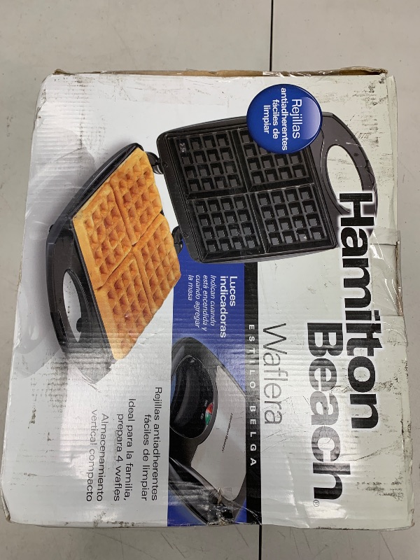 Photo 1 of Hamilton Beach Non-Stick Belgian Waffle Maker with Indicator Lights, Makes 4 4" x 5" Mini Waffles, Hashbrowns or Keto Chaffles at Once, Compact Design for Easy Storage, Black & Stainless Steel (26020)