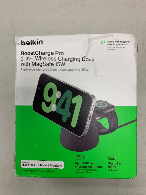Photo 1 of Belkin 2-in-1 MagSafe Wireless Charging Dock 15W Fast Charge iPhone Charger Compatible with iPhone 16, 15, 14, and 13 Series, AirPods, and Other MagSafe Enabled Devices, Includes Power Supply - Black