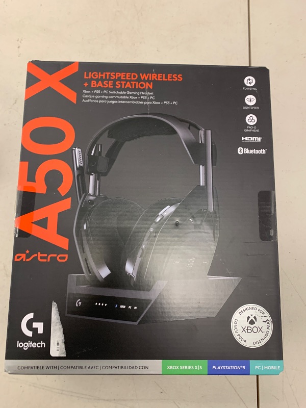 Photo 1 of Logitech G Astro A50 X Omni-Platform Wireless Gaming Headset + Base Station for PS5, Xbox, PC: PLAYSYNC Video & Audio Switcher, HDMI 2.1 4K 120Hz VRR, <24 bit/48 kHz, 24hr Battery, 2.4GHz & BT - Black