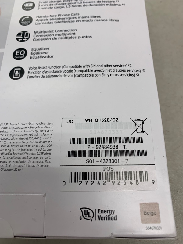 Photo 1 of Sony WH-CH520 Best Wireless Bluetooth On-Ear Headphones with Microphone for Calls and Voice Control, Up to 50 Hours Battery Life with Quick Charge Function, Includes USB-C Charging Cable - Beige