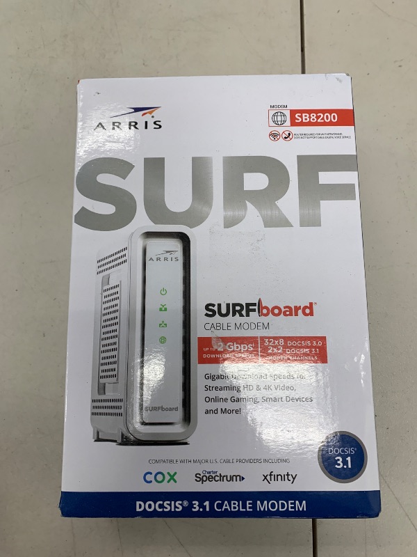 Photo 1 of ARRIS (SB8200) - Cable Modem - Fast DOCSIS 3.1 32x8 Gigabit Cable Modem , Approved for Comcast Xfinity, Cox, Charter Spectrum, & more | 1 Gbps Max Internet Speed, 4 OFDM Channels - (No Built-in Wifi)