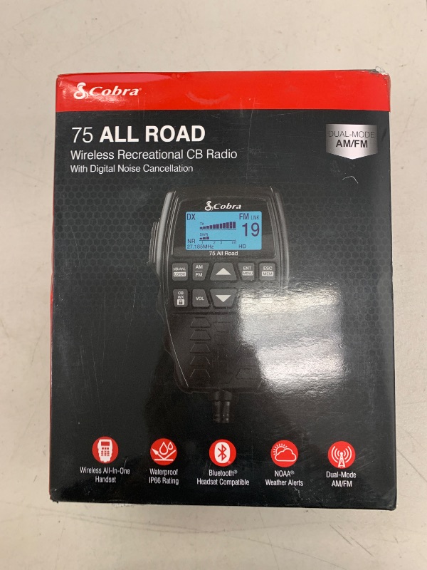Photo 1 of Cobra 75 All Road Wireless CB Radio - Dual-Mode AM/FM, Full 40 Channels, Bluetooth Connectivity, Digital Noise Cancellation, Waterproof, Instant Channel 9, 4-Watt Output, Easy to Operate, Black