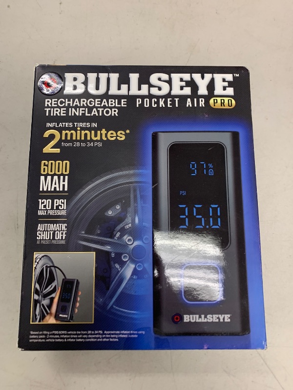 Photo 1 of POCKET AIR PRO Tire Inflator Portable Air Compressor by Bullseye Pro for Tires, Balls, Bike with Persta Valve, Auto Shut Off, Inflates in 2 Min, Cordless Rechargeable 6000MAH,150 PSI, SoS Light