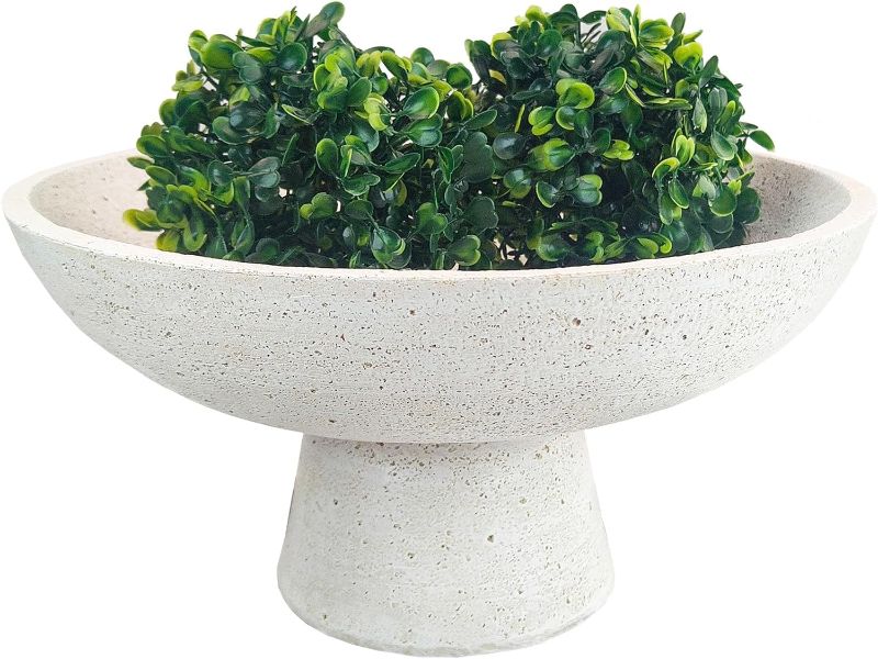 Photo 1 of Large Decorative Fruit Bowl for Kitchen Counter - 11.8 Inch Handcrafted Resin Pedestal Bowls for Home Decor, Modern Key Purse Bowl for Entryway Table, Off-White Stone travertine Decor
