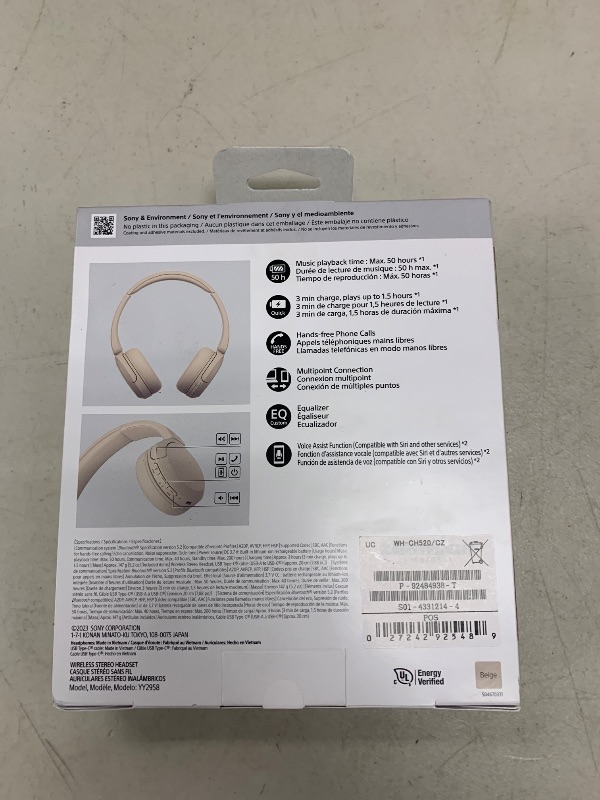 Photo 1 of Sony WH-CH520 Best Wireless Bluetooth On-Ear Headphones with Microphone for Calls and Voice Control, Up to 50 Hours Battery Life with Quick Charge Function, Includes USB-C Charging Cable - Beige