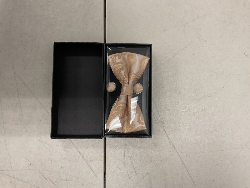 Photo 1 of RBOCOTT Gold Paisley Bow Tie and Pocket Sqaure Set with Lapel Pin and Cufflinks for Men(7)