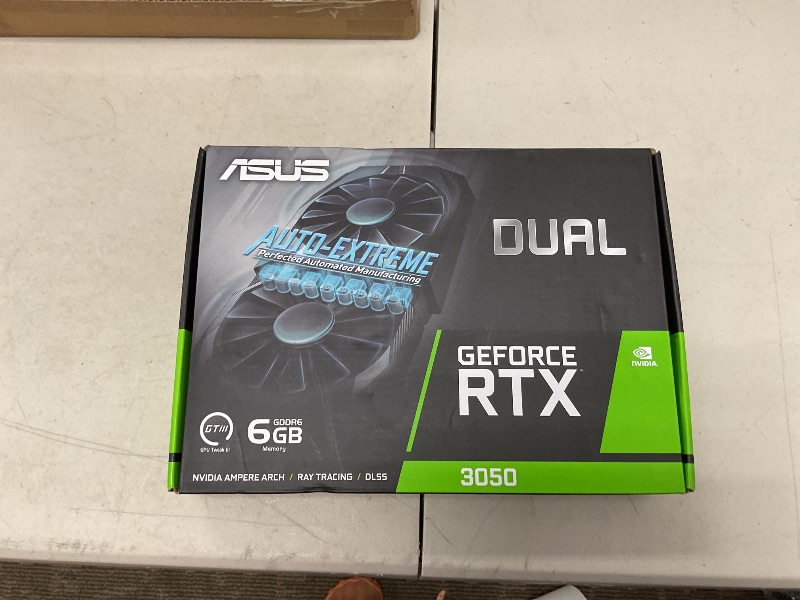 Photo 1 of ASUS Dual NVIDIA GeForce RTX 3050 6GB Gaming Graphics Card - PCIe 4.0, 6GB GDDR6 Memory, HDMI 2.1, DisplayPort 1.4a, Native DVI-D, 2-Slot Design, Steel Bracket, IP5X Rating, GPU Tweak III