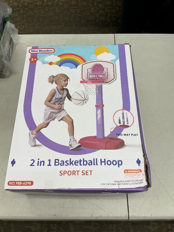 Photo 1 of Wee Wonders 2 in 1 Toddler Basketball Hoop and T Ball Set with Automatic Pitching Machine - Adjustable Height, Kids Basketball Hoop Suit for Indoor/Outdoor, Sport Toys Gifts for Girls Age 3-8, Pink