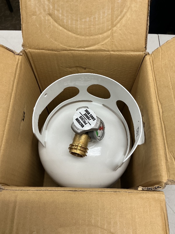 Photo 1 of Flame King YSN5LB-GAUGE 5lb Steel Propane Tank Cylinder with Gauge and OPD Valves for Grills and BBQs, Camping, Fishing, & Outdoor Activities, White