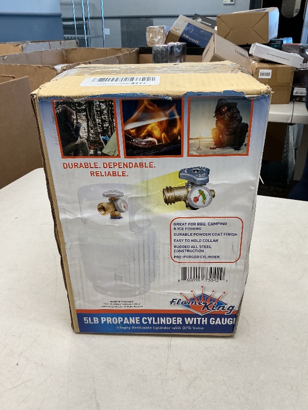 Photo 1 of Flame King YSN5LB-GAUGE 5lb Steel Propane Tank Cylinder with Gauge and OPD Valves for Grills and BBQs, Camping, Fishing, & Outdoor Activities, White