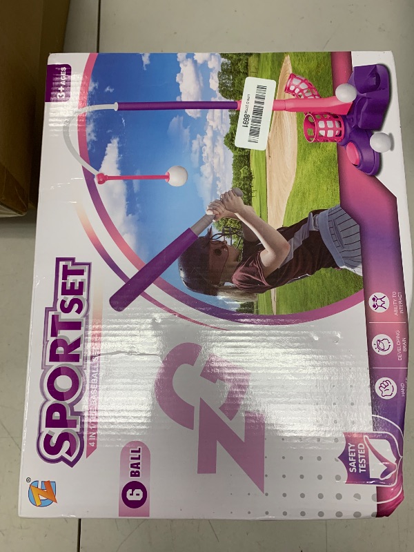 Photo 1 of Whimtoyland 4-in-1 Tball Set for Toddlers Kids: T Ball Sets for Kids 3-8 Toddler Baseball Set, Hanging Tee Ball Golf Set Toys, Pitching Machine & 6 Plastic Balls, Outdoor Toddlers Sports Toy, Pink