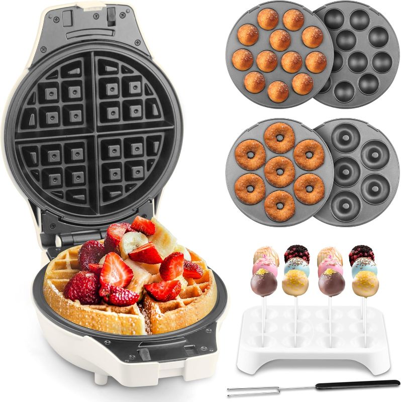Photo 1 of SugarWhisk 3 in 1 Thick Belgian Waffle Maker with Removable Plates, 8" Non Stick Belgian Waffle Iron Removable Plates, Mini Donut Maker Machine, Cake Pop Maker Machine Set with Tools, White
