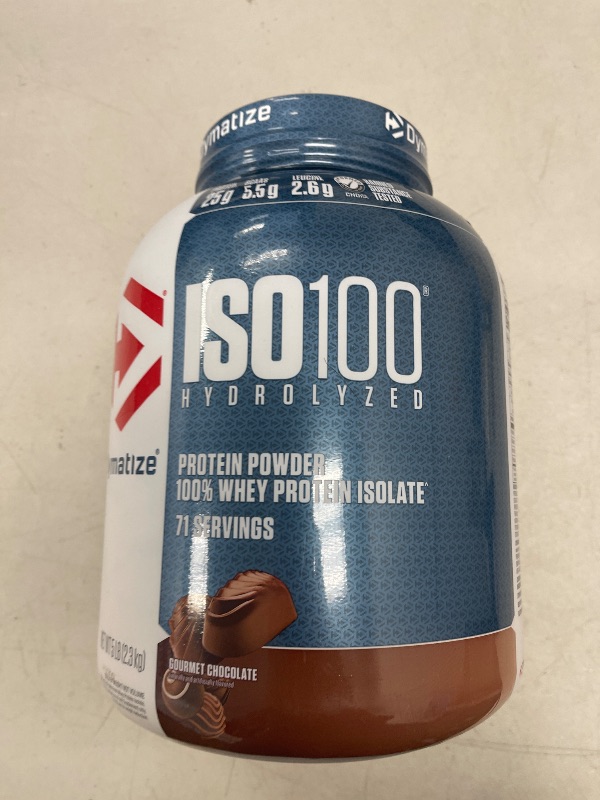 Photo 1 of Dymatize ISO100 Whey Protein Powder Isolate, Gourmet Chocolate, 25g of Protein, 5 Pound, 5.5g BCAAs, Less Than 120 Cal., Gluten Free, 1g Fat, 1g Sugar, 2g Carb (71 Servings)