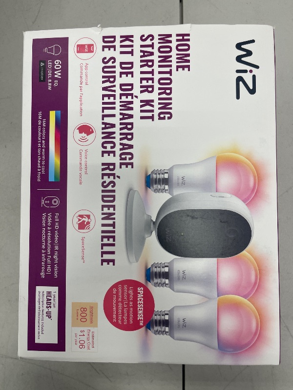 Photo 1 of WiZ Home Monitoring Starter Kit Includes Indoor Security Camera, 1080p HD Video with Motion Detection and Full-Duplex Audio + 60W A19 Color LED Smart Bulb - Pack of 3