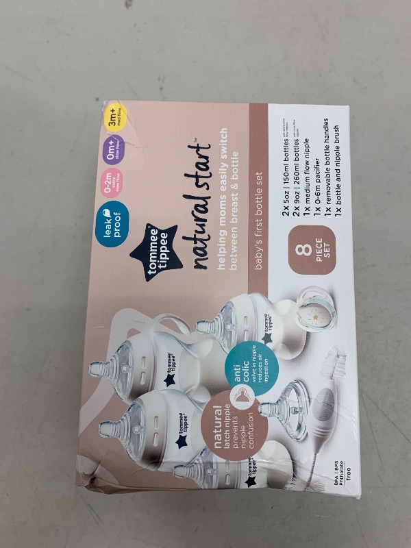 Photo 1 of Tommee Tippee Natural Start Baby’s First BPA Free Bottle 8 Piece Set, 2 x 5oz and 2 x 9oz Anti-Colic Bottles, Slow and Medium Flow Nipples, 0-6 Month Pacifier, Clear