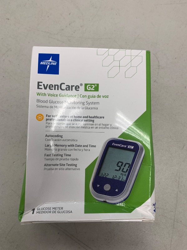Photo 1 of Medline EvenCare G2 Blood Glucose Monitoring Meter, Self-Testing Diabetic Care, 6 Sec Results, Batteries, Guide, Carrying Case, Logbook, Voice Assistance