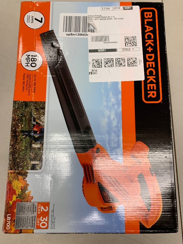 Photo 1 of BLACK+DECKER Electric Leaf Blower, Handheld Blowers for Lawn Care, Lightweight, 180 MPH 7-Amp (LB700)