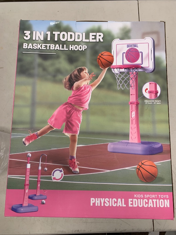 Photo 1 of RIANEAN 3 in 1 Kids Basketball Hoop and T Ball Set, Pink Adjustable Height Toddler Basketball Hoop, Hanging Tee Baseball, Indoor Outdoor Sports Toys Gifts for Toddlers Boys Girls Ages 3 4 5 Year