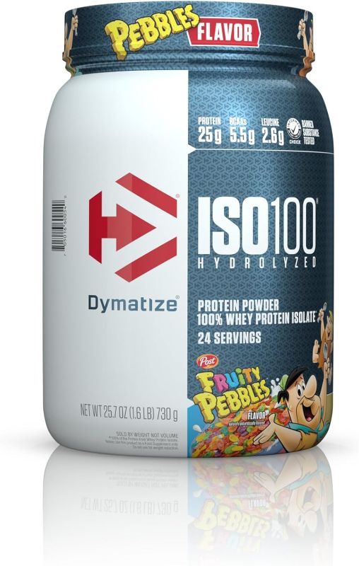 Photo 1 of Dymatize ISO100 Hydrolyzed Protein Powder, 100% Whey Isolate Protein, 25g of Protein, 5.5g BCAAs, Gluten Free, Fast Absorbing, Easy Digesting, Fruity Pebbles, 24 Servings

