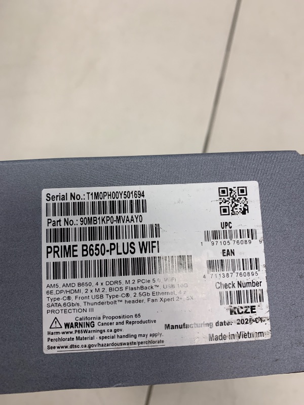 Photo 1 of ASUS Prime B650-PLUS WiFi AMD B650 AM5 Ryzen™ Desktop 9000 8000 & 7000 ATX Motherboard, DDR5, PCIe 5.0 M.2, 2.5Gb LAN, WiFi 6E, HDMI™, SATA 6 Gbps, USB Type-C®, BIOS Flashback™, Thunderbolt™ 4 Header