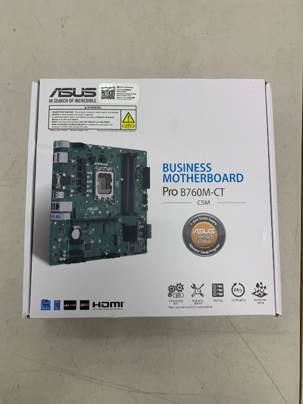 Photo 1 of ASUS Pro B760M-CT-CSM Intel LGA1700(13th&12th Gen)mATX commercial motherboard,DDR5,PCIe 4.0,2xM.2 PCIe 4.0 slots,front USB 3.2 Gen 1 Type-C,D-Sub,TPM IC onboard,Q-LED Core,Mono-out header,SMBUS header