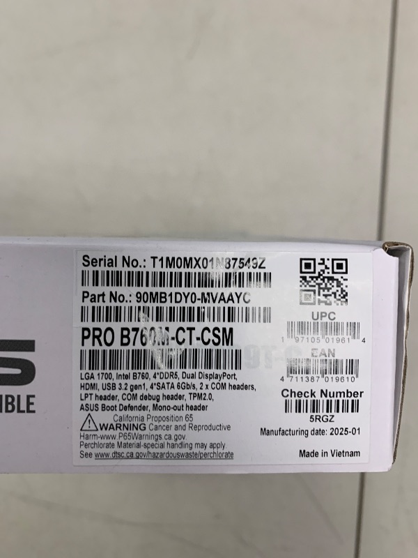 Photo 1 of ASUS Pro B760M-CT-CSM Intel LGA1700(13th&12th Gen)mATX commercial motherboard,DDR5,PCIe 4.0,2xM.2 PCIe 4.0 slots,front USB 3.2 Gen 1 Type-C,D-Sub,TPM IC onboard,Q-LED Core,Mono-out header,SMBUS header
