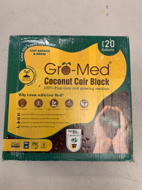 Photo 1 of Gro-Med Coco Coir Brick 10 lbs – Expands to 80 Quarts – NPK Enriched Organic Coconut Coir – Potting Soil for Indoor Outdoor Plants, Seed Starter, Vegetables, Mushrooms, Gardening Use