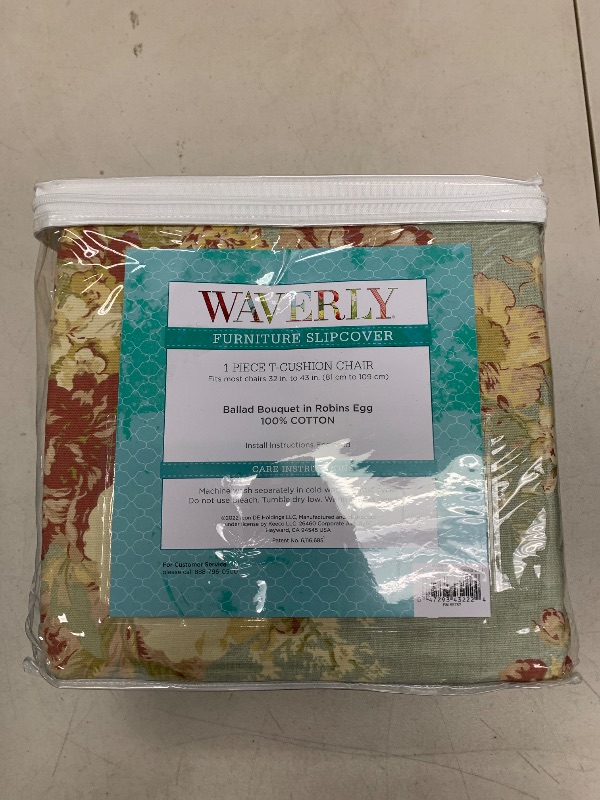 Photo 1 of Waverly Ballad Bouquet Ruffled T Cushion Chair Slipcover, Chair T Cushion Cover with Cotton Floral One Piece Design and Ruffled Skirt, Machine Washable Chair Cover, Robin's Egg