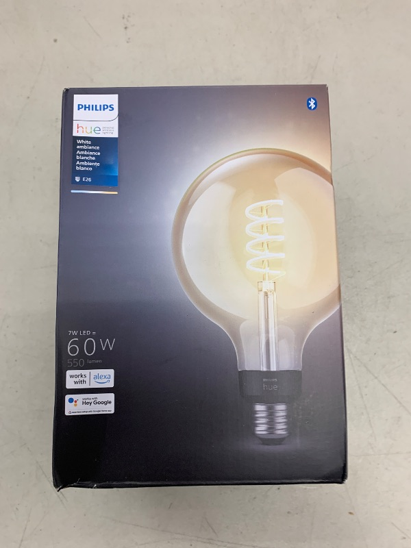 Photo 1 of Philips Hue Smart 60W G40 Filament LED Bulb - White Ambiance Warm-to-Cool White Light - 1 Pack - 550LM - E26 - Indoor - Control with Hue App - Works with Alexa, Google Assistant and Apple Homekit