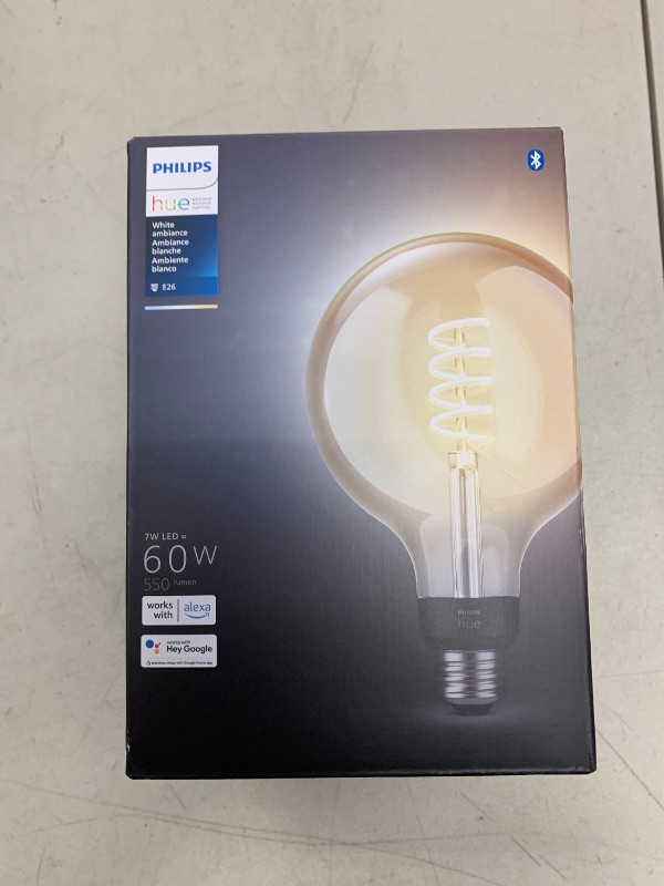 Photo 1 of Philips Hue Smart 60W G40 Filament LED Bulb - White Ambiance Warm-to-Cool White Light - 1 Pack - 550LM - E26 - Indoor - Control with Hue App - Works with Alexa, Google Assistant and Apple Homekit