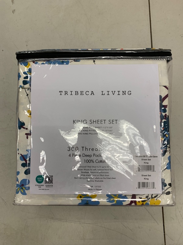 Photo 1 of Tribeca Living King Bed Sheet Set, 300 Thread Count Soft Cotton Sateen, Floral Print with Extra Deep Pockets, 4-Piece Bedding Set, Casablanca/Multi