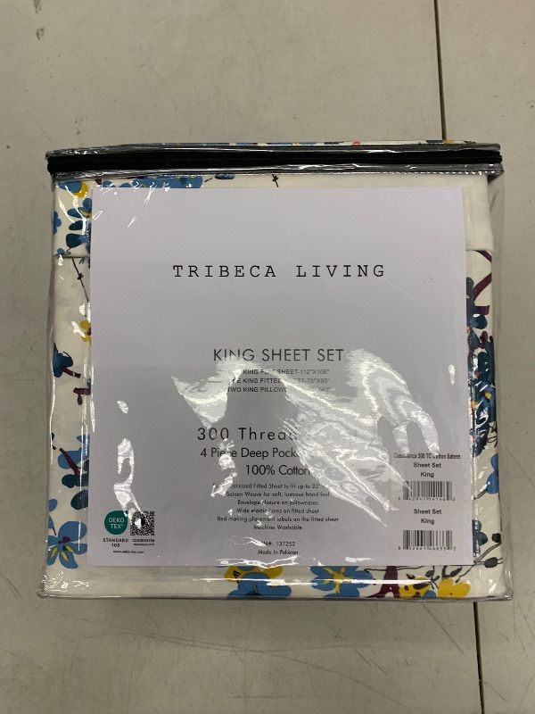 Photo 1 of Tribeca Living King Bed Sheet Set, 300 Thread Count Soft Cotton Sateen, Floral Print with Extra Deep Pockets, 4-Piece Bedding Set, Casablanca/Multi