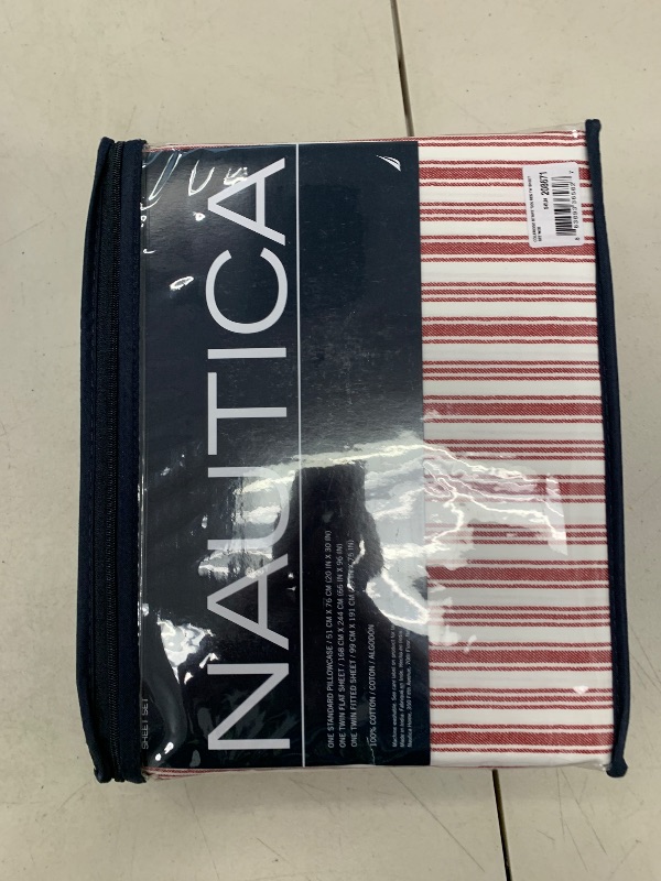 Photo 1 of Nautica - Twin Bed Sheets, Cotton Percale Bedding Set with Matching Pillowcase, Crisp & Cool, Fully Elasticized, Dorm Essentials (Coleridge Stripe Red)