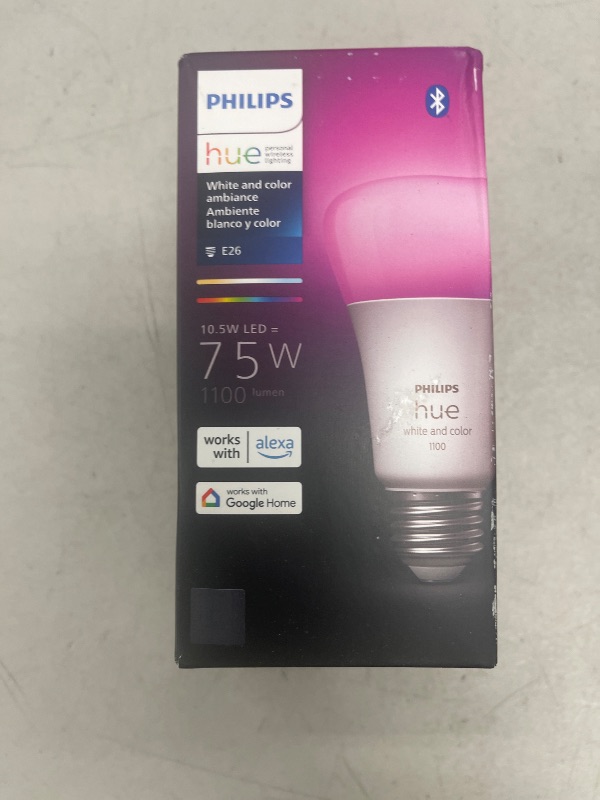 Photo 1 of Philips Hue Smart 75W A19 LED Bulb - White and Color Ambiance Color-Changing Light - 1 Pack - 1100LM - E26 - Indoor - Control with Hue App - Works with Alexa, Google Assistant and Apple Homekit