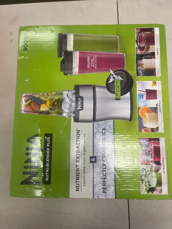 Photo 1 of Ninja BN301 Nutri-Blender Plus Compact Personal Blender, 900-Peak-Watt Motor, Frozen Drinks, Smoothies, Sauces & More, (3) 20 oz. To-Go Cups, (2) Spout-Lids (1) Storage-Lid, Dishwasher Safe, Silver