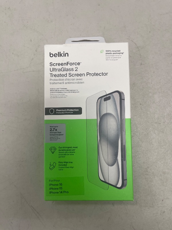Photo 1 of Belkin ScreenForce UltraGlass 2 Treated Screen Protector for iPhone 16, 15, & 14 Pro - Scratch-Resistant, 9H Hardness Tested Glass w/Slim Design & Easy Align Tray for Bubble-Free Application