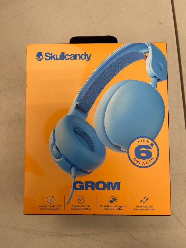 Photo 1 of Skullcandy Grom Wired Headphones, Volume-Limiting Audio, Comfortable Over-Ear Fit, Foldable, Designed for Kids 6+, Convenient for Travel with 3.5mm Plug, Built-in Microphone - Surf Blue