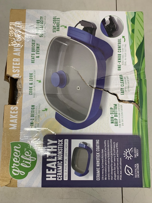 Photo 1 of GreenLife 12" 5QT Square Electric Skillet, Glass Vented Lid, Ceramic PFAS-Free Nonstick Coated Interior, Adjustable Temperature Control, Cool Touch Handles, Quick Even Heating, Scratch Resistant, Blue