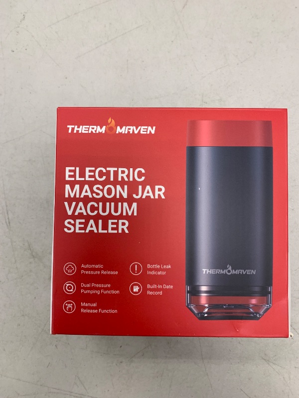 Photo 1 of ThermoMaven Patented Mason Jar Vacuum Sealer Kit, 4-in-1 Automatic Vacuum Sealer for Jar, Vacuum Bag, Container, Wine Stopper, Jar Sealer with 10 Auto Pressure Release & Reusable Lids, Black & Red