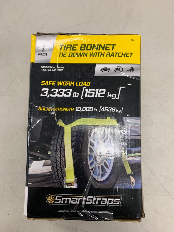 Photo 1 of SmartStraps Tire Bonnet Ratchet Straps — Commercial Duty Tire Bonnet Tie Down with Ratchet — 10,000lb Break Strength, 3,333lb Safe Load — Haul Equipment, Tractors and Vehicles, Small, Yellow, 1 Pack
