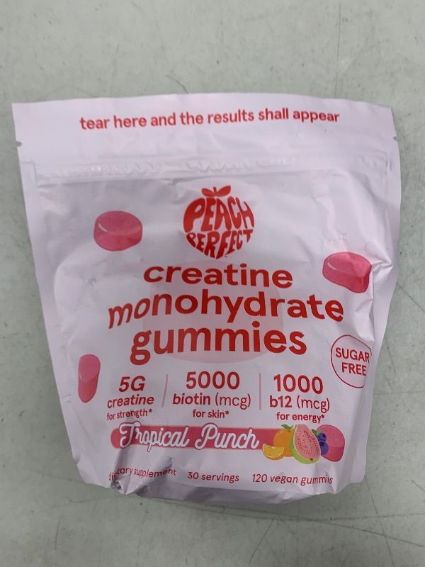 Photo 1 of Peach Perfect Creatine Monohydrate Gummies for Women & Men, Boost Focus, Strength, and Endurance, Vegan, Gluten-Free, Non-GMO, 5 Grams of Creatine per Serving, 30 SVG, Tropical Punch