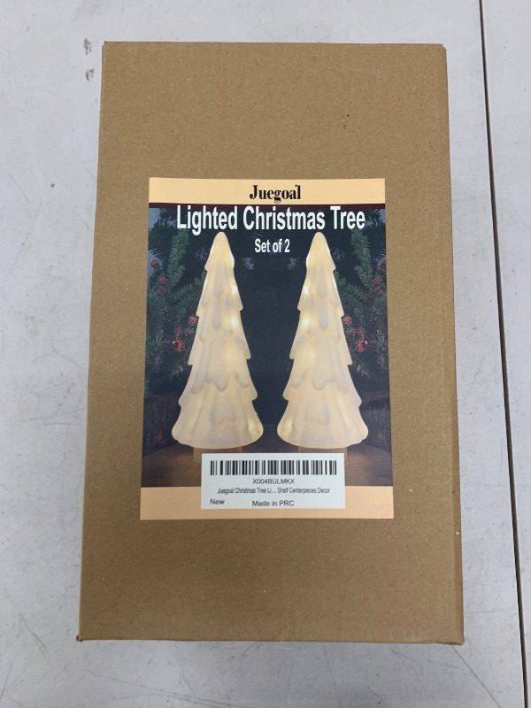Photo 1 of Juegoal Christmas Tree Lighted Table Decorations Set of 2, 13.8'' Pre-lit White Xmas Pine Trees, Battery Powered Tabletop Ornaments Dinner Party Supply, Winter Mantle Shelf Centerpieces Decor
