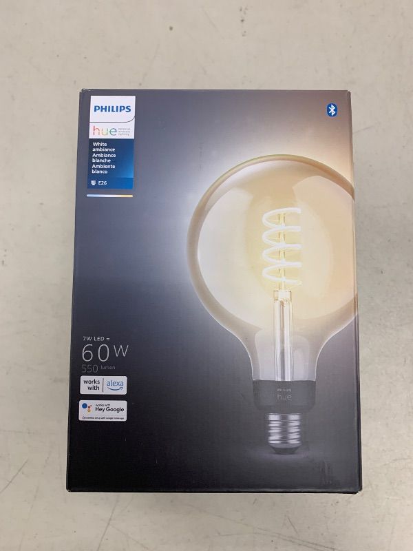 Photo 1 of Philips Hue Smart 60W G40 Filament LED Bulb - White Ambiance Warm-to-Cool White Light - 1 Pack - 550LM - E26 - Indoor - Control with Hue App - Works with Alexa, Google Assistant and Apple Homekit
