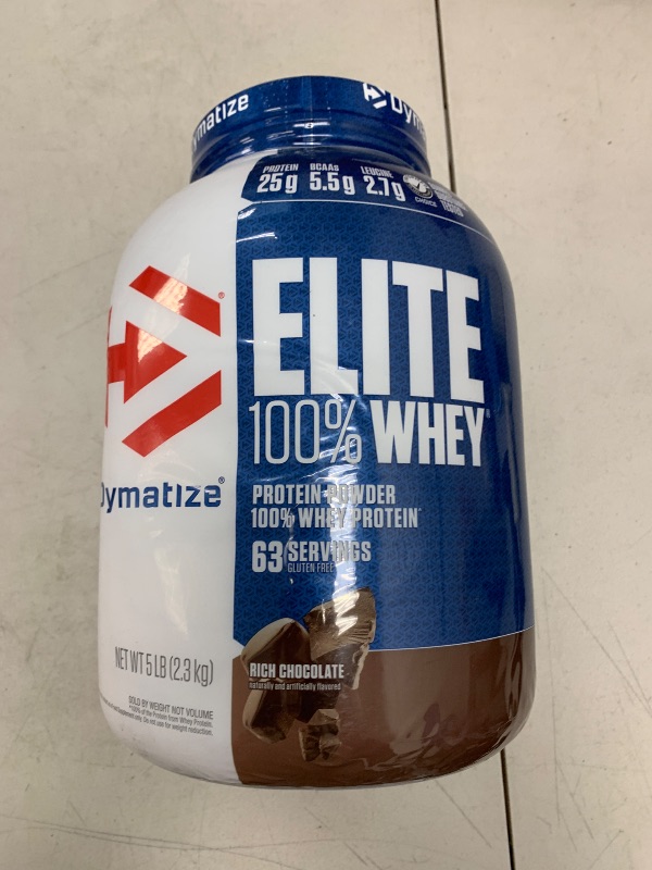 Photo 1 of *Dented packaging* Dymatize Elite 100% Whey Protein Powder, 25g Protein, 5.5g BCAAs & 2.7 L-Leucine, Quick Absorbing & Fast Digesting for Optimal Muscle Recovery, Rich Chocolate, 5 Pound (63 Servings)