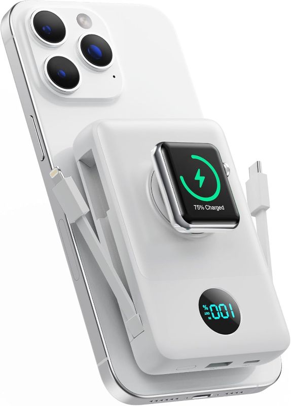 Photo 1 of Magnetic Portable Charger 10800mAh for iPhone with Built-in Cables, 6-in-1 Wireless Power Bank with iWatch Charger, 25W PD Fast Charging USB C Battery Pack for iPhone 16/15/14/13/12,Apple Watch(White)
