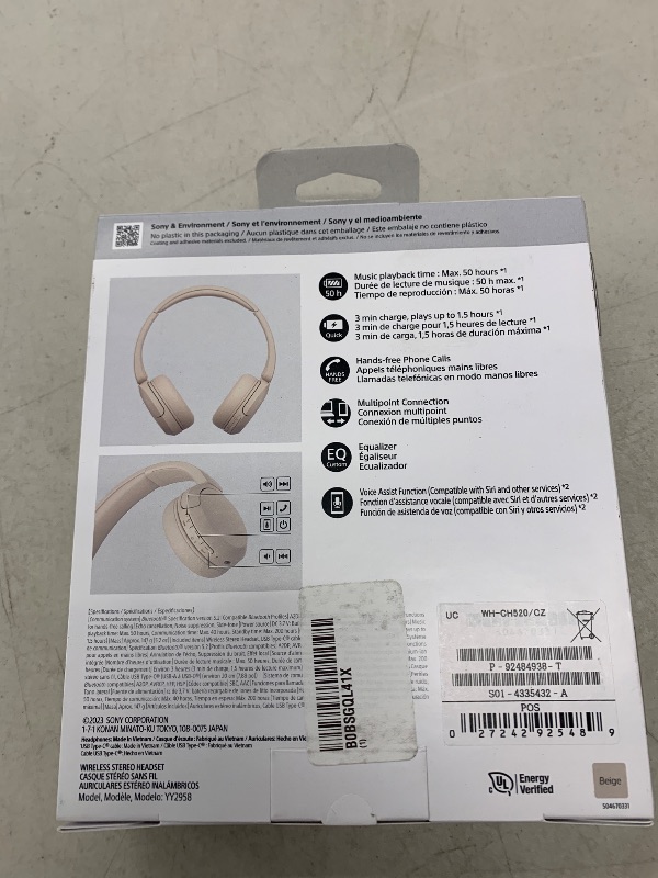 Photo 1 of Sony WH-CH520 Best Wireless Bluetooth On-Ear Headphones with Microphone for Calls and Voice Control, Up to 50 Hours Battery Life with Quick Charge Function, Includes USB-C Charging Cable - Beige