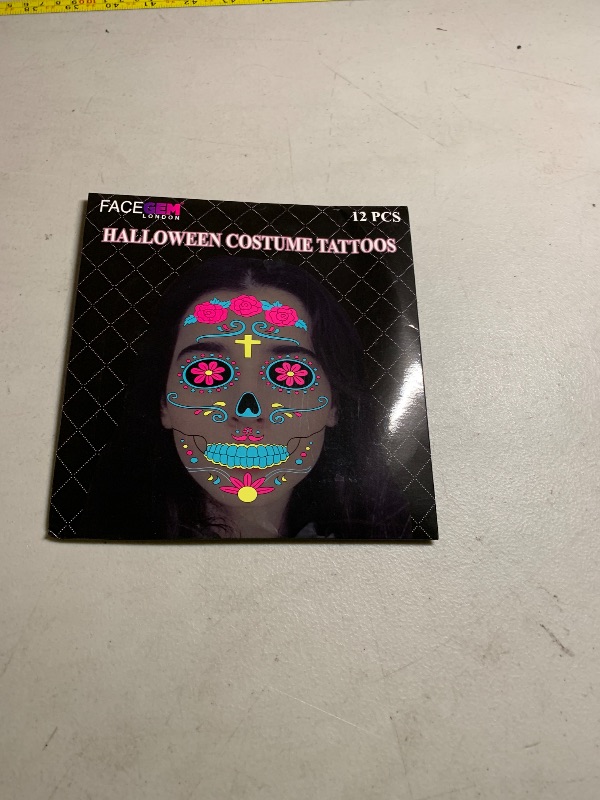 Photo 1 of 12 PCS Day of the Dead Costume Tattoos for Halloween - Temporary Sugar Skull Face Stickers for Makeup, Masquerade, Parties. Halloween tattoos, Face & Body Tattoos for Events. Day of the Dead Tattoos