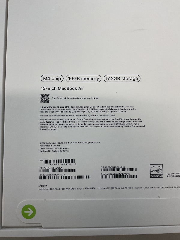 Photo 1 of Apple 2025 MacBook Air 13-inch Laptop with M4 chip: Built for Apple Intelligence, 13.6-inch Liquid Retina Display, 16GB Unified Memory, 512GB SSD Storage, 12MP Center Stage Camera, Touch ID; Sky Blue