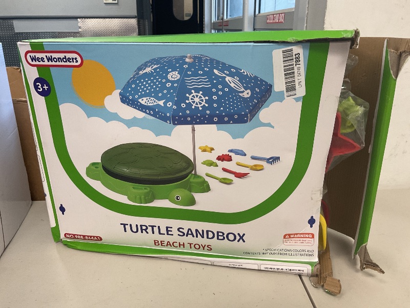 Photo 1 of Wee Wonders Turtle Sandbox with Lid & Adjustable Umbrella, Sand Box with Cover incl 8 Beach Toys, Kids Sand Activity Suit for Sensory Playsand, Summer Indoor Outdoor Toys Gifts for Toddler 3-5