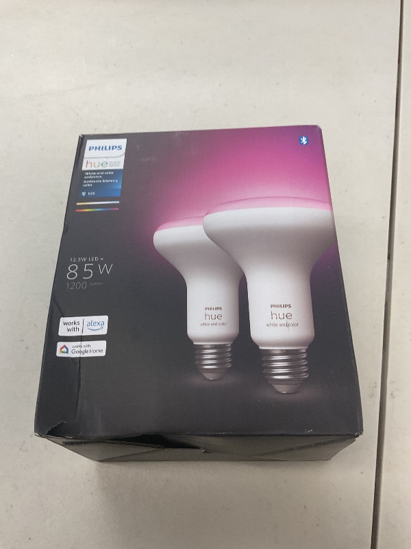 Photo 1 of Philips Hue BR30 LED Smart Light Bulbs - Flicker-Free 85w Light Bulbs - Bluetooth Compatible, Compatible with Alexa, Google Assistant, and Apple HomeKit - E26 Base - 2 Pack